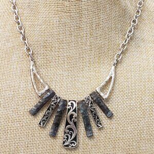 Silver tone, filagree, abalone multi bar dangle fashion necklace